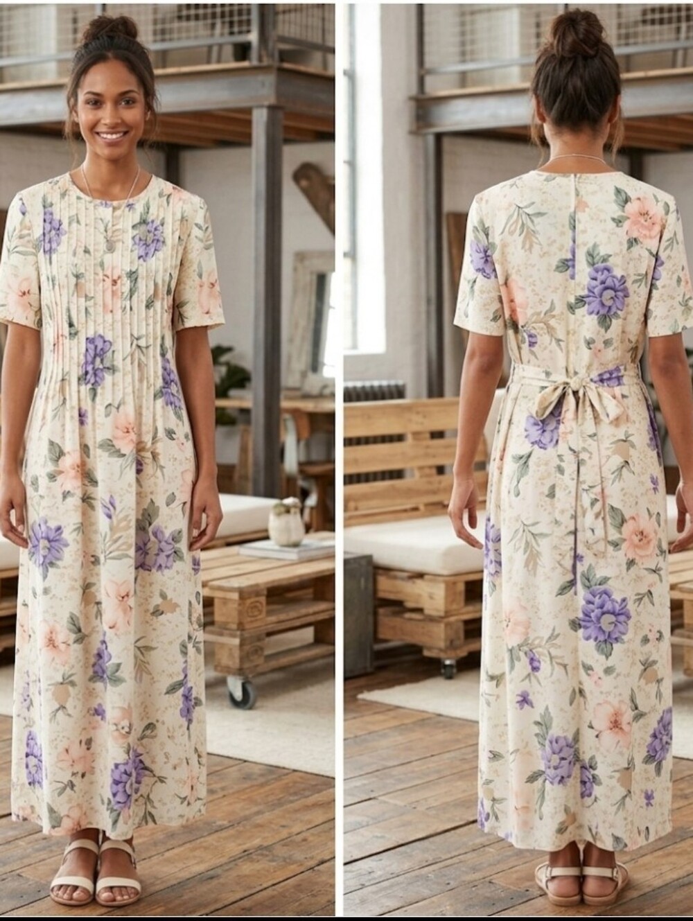 Vtg 90s maxi Dress M pastel floral Y2K